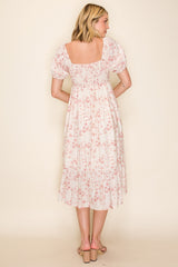 Ivory Floral Sweetheart Neckline Midi Dress