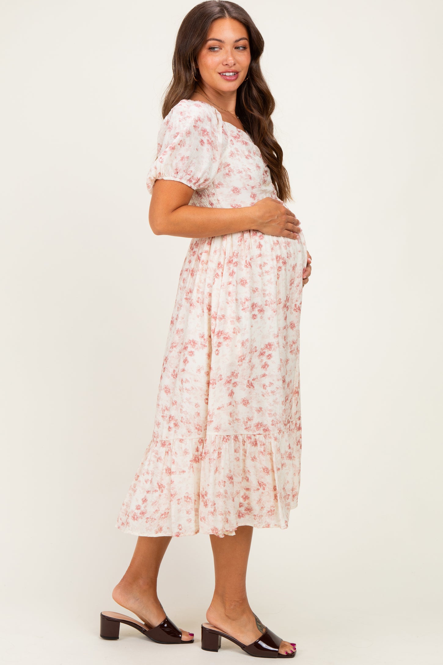 Ivory Floral Sweetheart Neckline Maternity Midi Dress