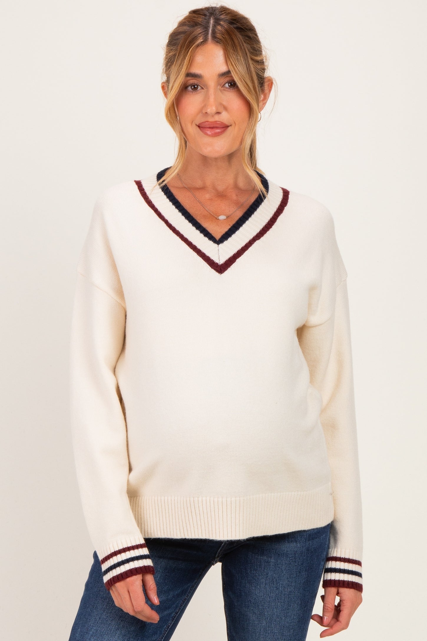 Ivory Varsity Stripe V-Neck Maternity Sweater