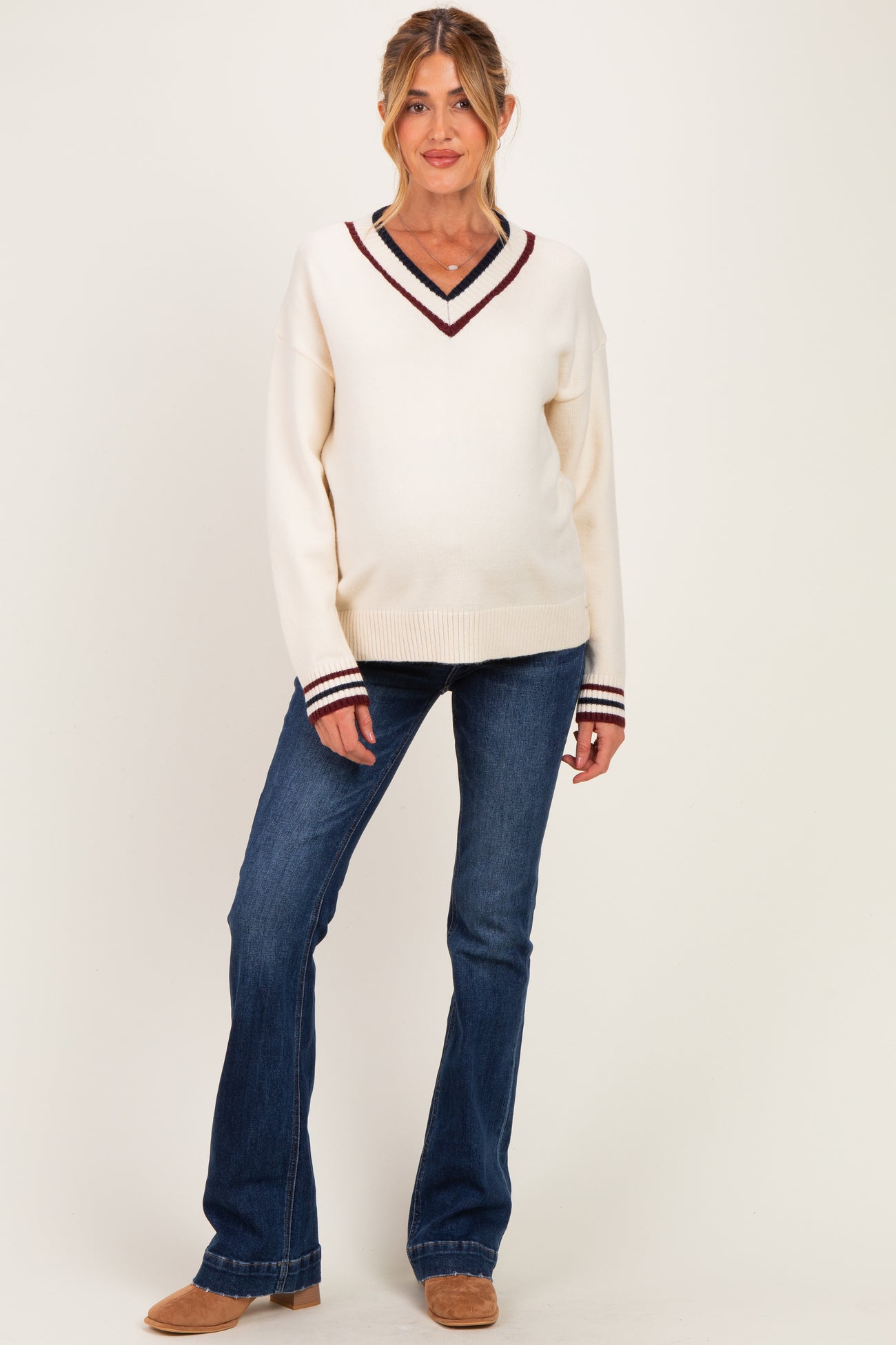 Ivory Varsity Stripe V-Neck Maternity Sweater