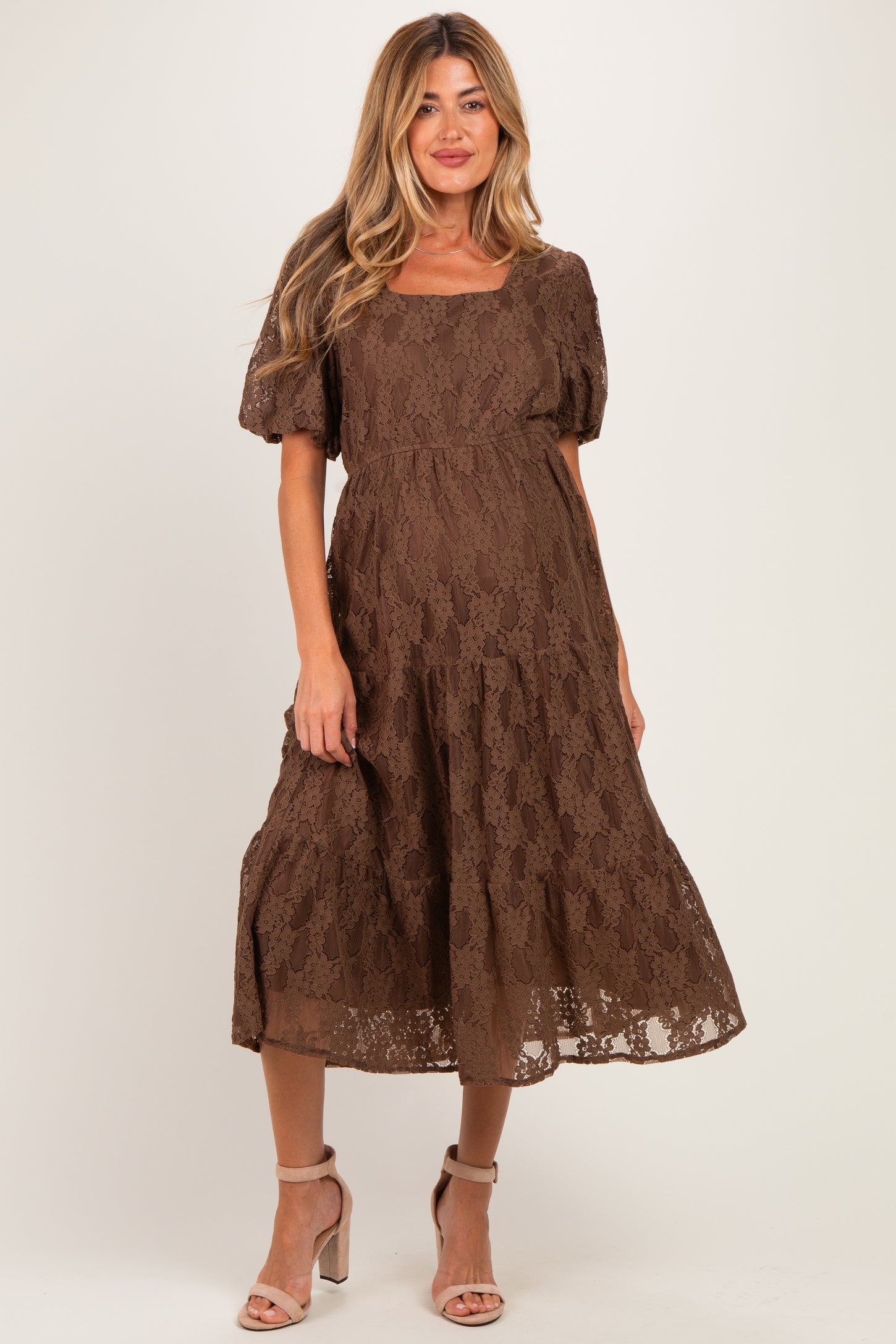 Brown Lace Tired Maternity Midi Dress