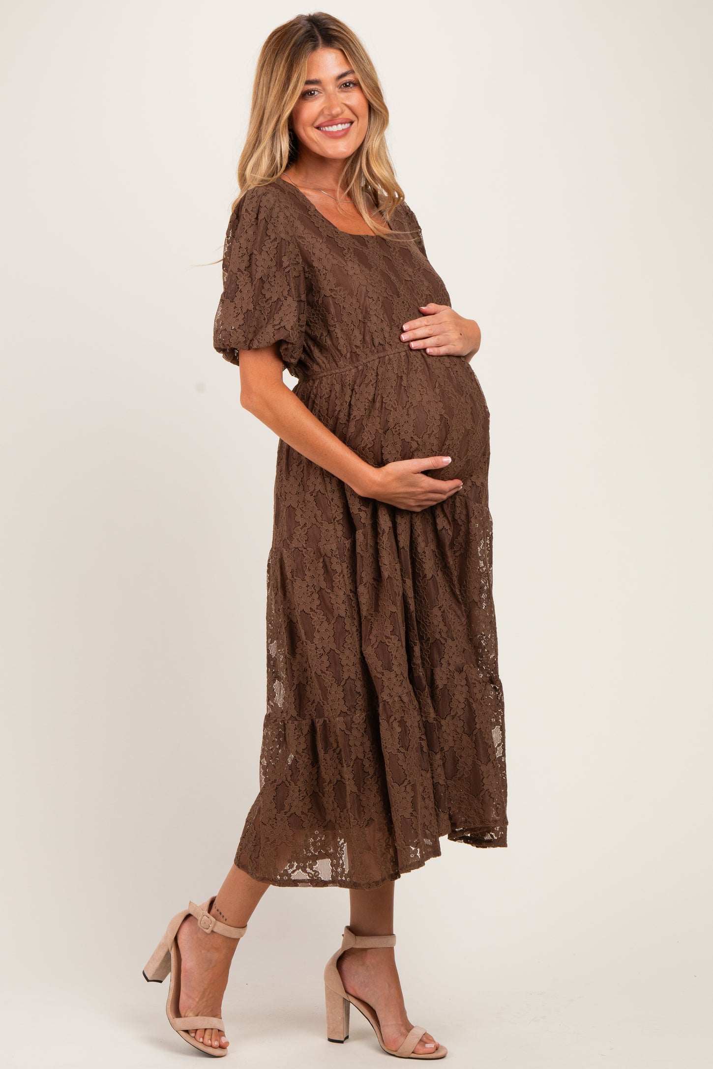 Brown Lace Tired Maternity Midi Dress