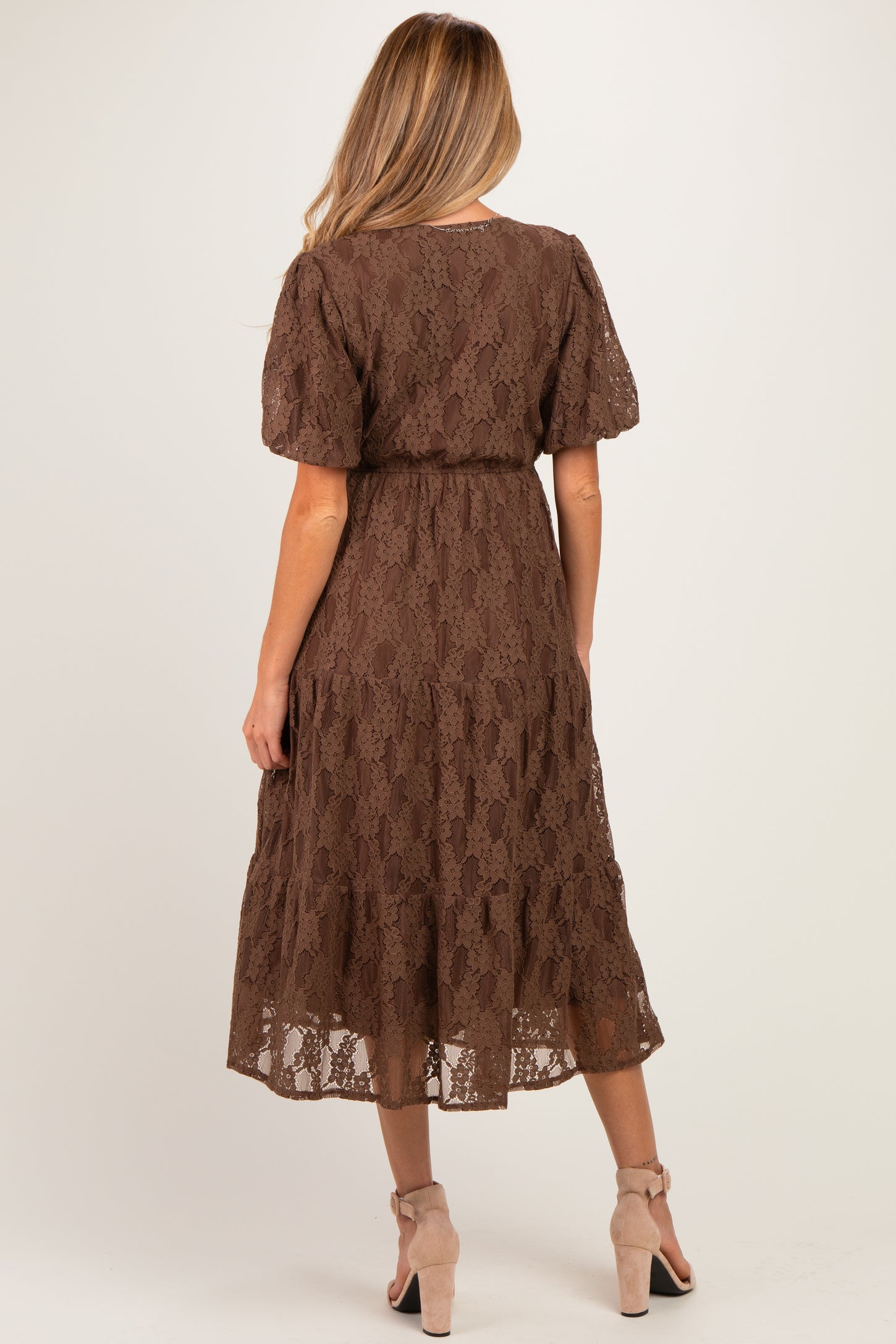 Brown Lace Tired Maternity Midi Dress