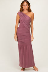 Mauve One Shoulder Ruched Maternity Maxi Dress