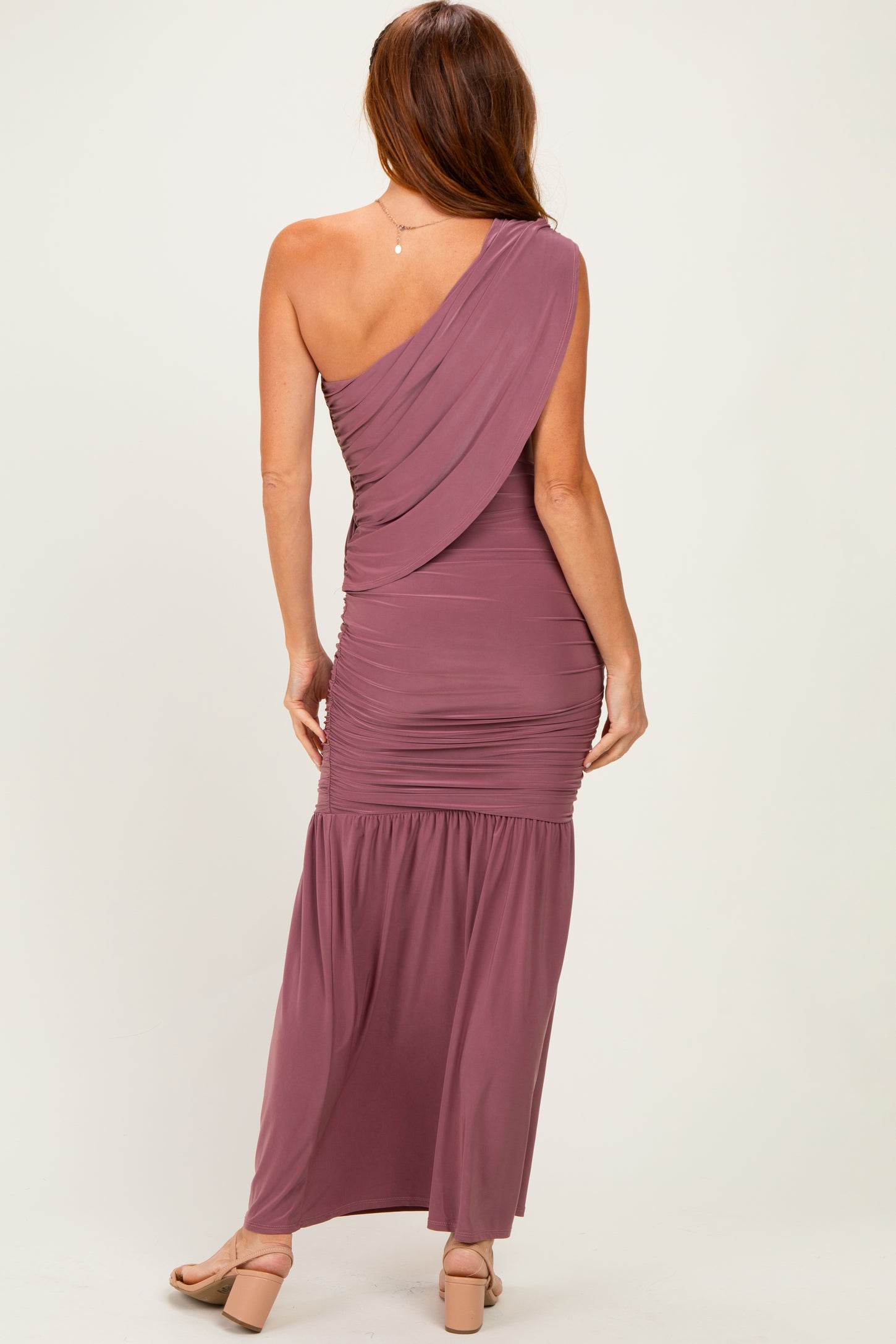 Mauve One Shoulder Ruched Maxi Dress