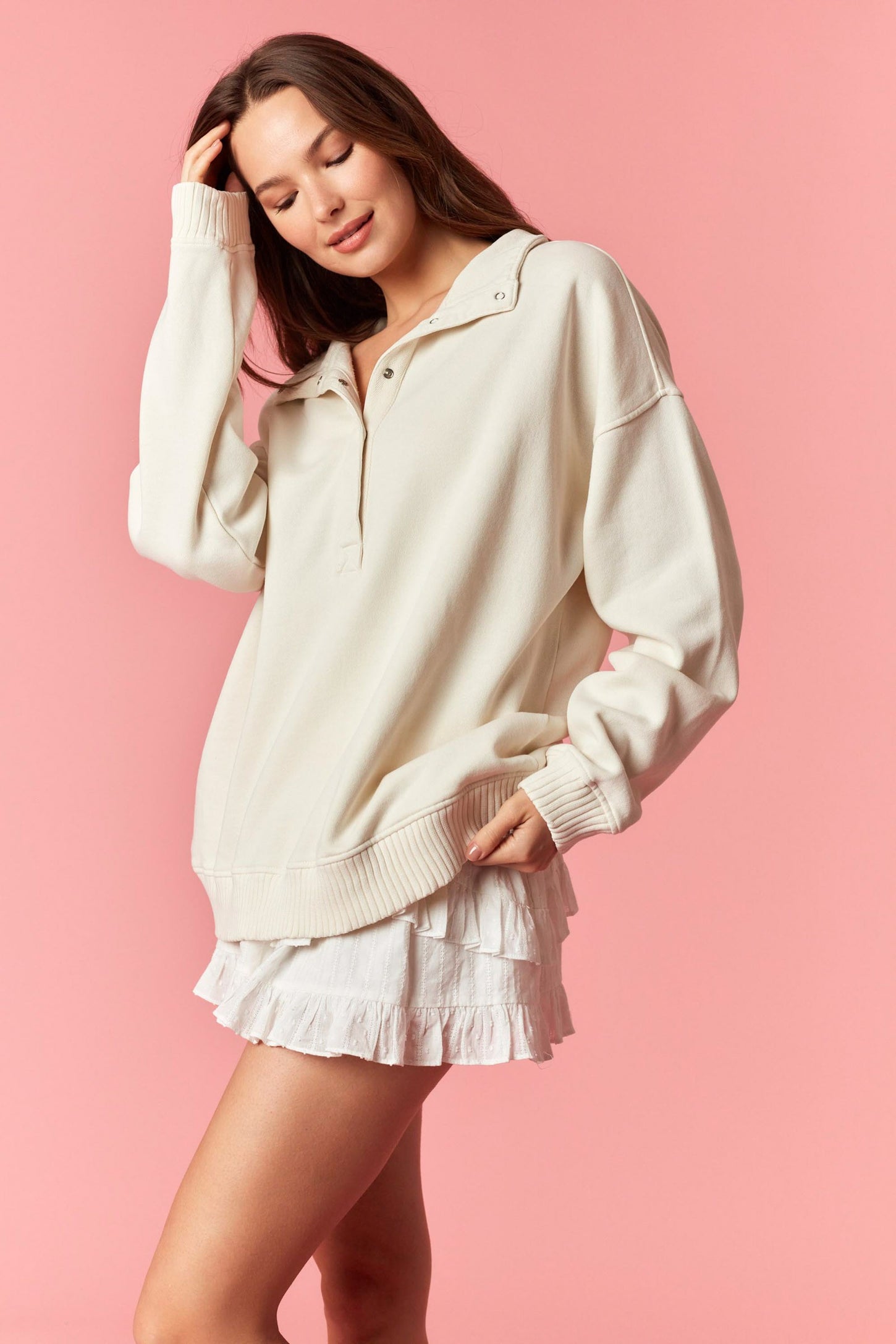 Cream Snap Collar Oversized Sweatshirt