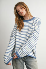 Blue Striped Solid Trim Relaxed Sweater