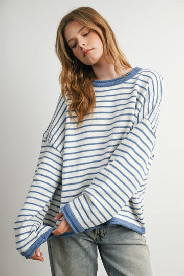Blue Striped Solid Trim Relaxed Sweater