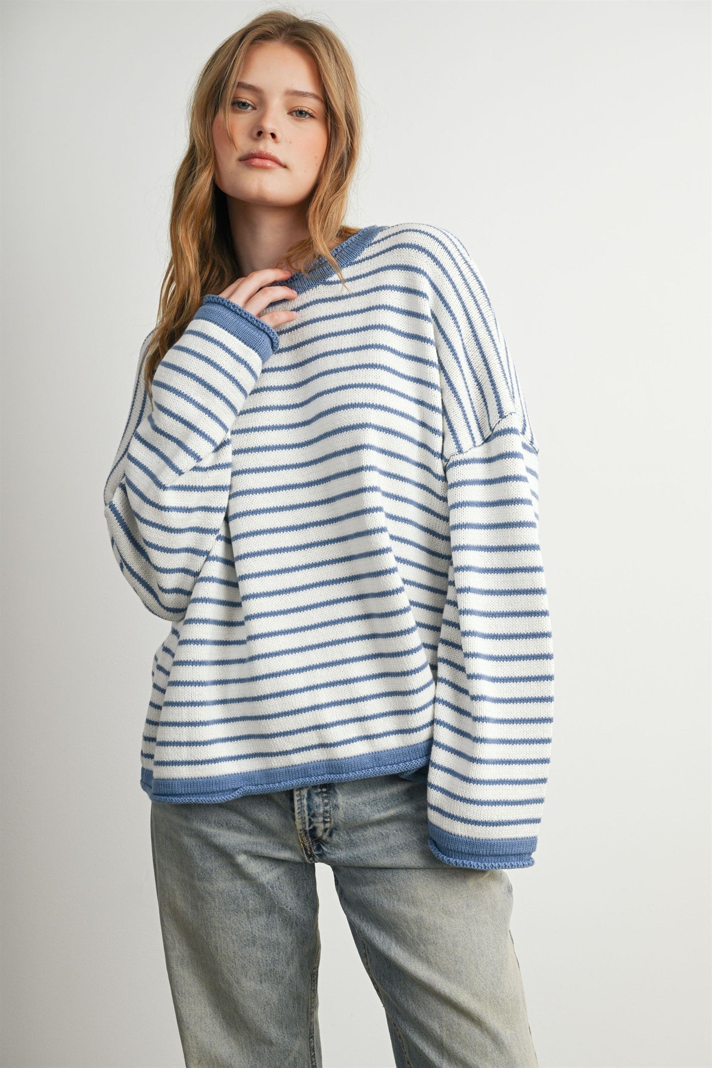 Blue Striped Solid Trim Relaxed Sweater