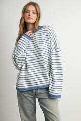 Blue Striped Solid Trim Relaxed Sweater