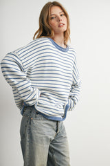 Blue Striped Solid Trim Relaxed Sweater