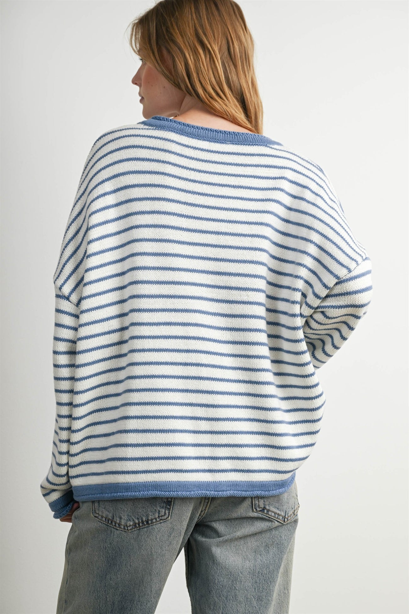 Blue Striped Solid Trim Relaxed Sweater