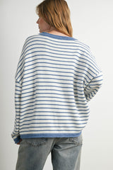 Blue Striped Solid Trim Relaxed Sweater