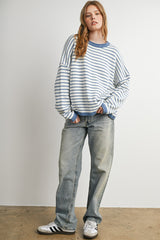 Blue Striped Solid Trim Relaxed Sweater