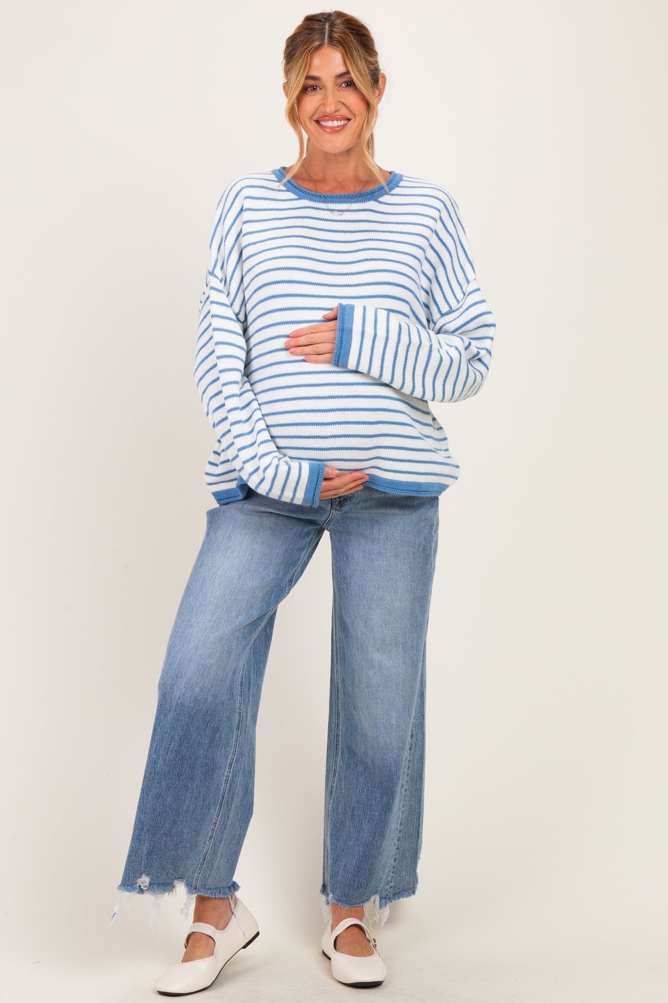 Blue Striped Solid Trim Relaxed Maternity Sweater