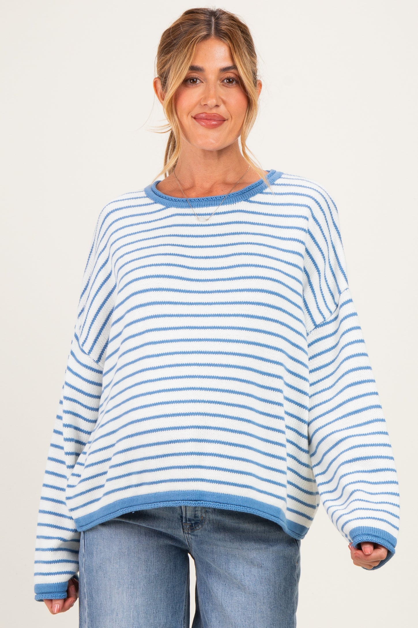 Blue Striped Solid Trim Relaxed Maternity Sweater