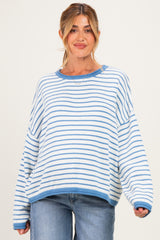Blue Striped Solid Trim Relaxed Maternity Sweater
