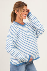 Blue Striped Solid Trim Relaxed Maternity Sweater