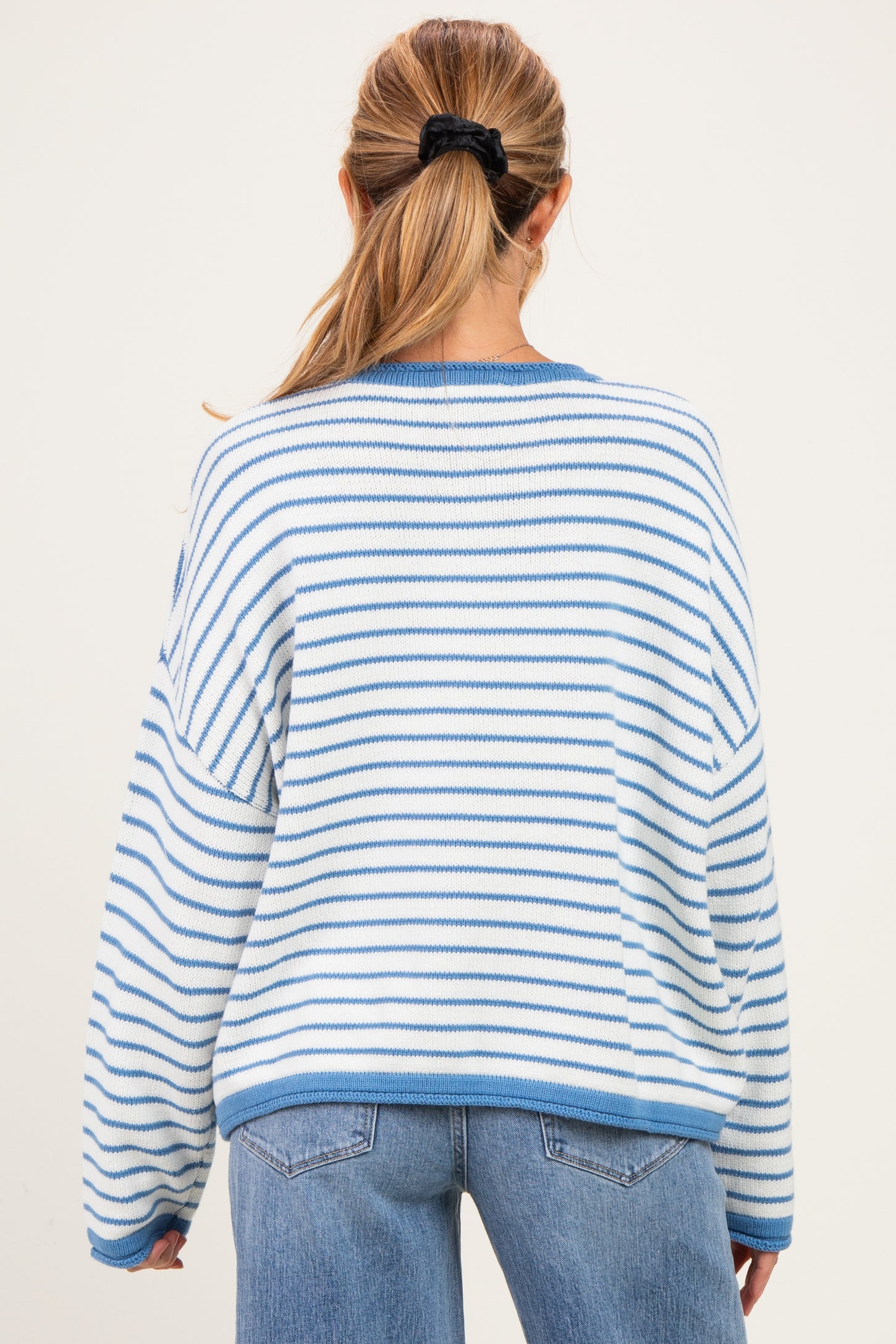 Blue Striped Solid Trim Relaxed Maternity Sweater