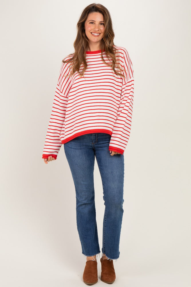 Red Striped Solid Trim Relaxed Maternity Sweater