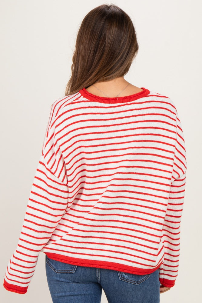 Red Striped Solid Trim Relaxed Maternity Sweater