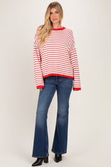 Red Striped Solid Trim Relaxed Sweater