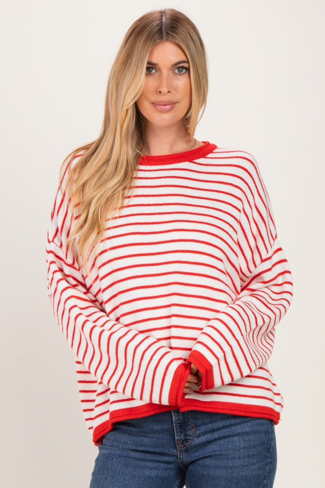 Red Striped Solid Trim Relaxed Sweater