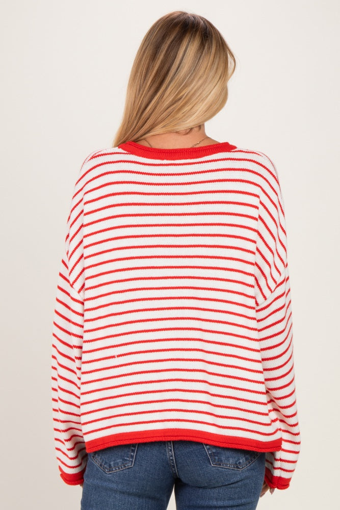 Red Striped Solid Trim Relaxed Sweater