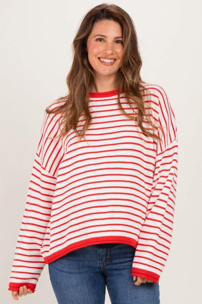 Red Striped Solid Trim Relaxed Maternity Sweater