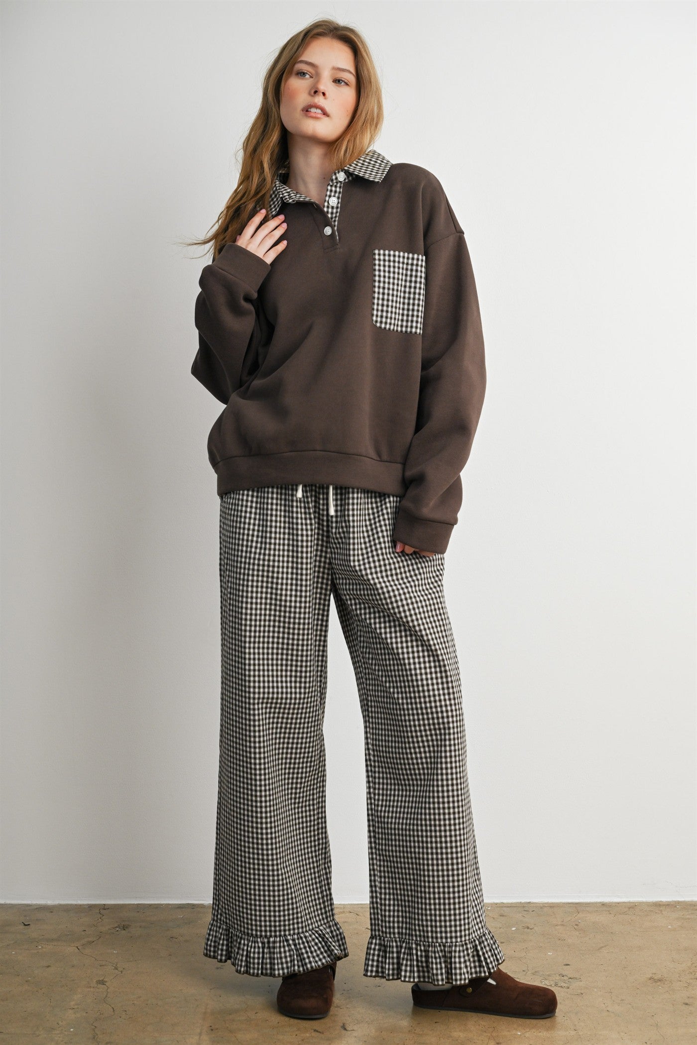 Brown Checker Plaid Collared Sweatshirt