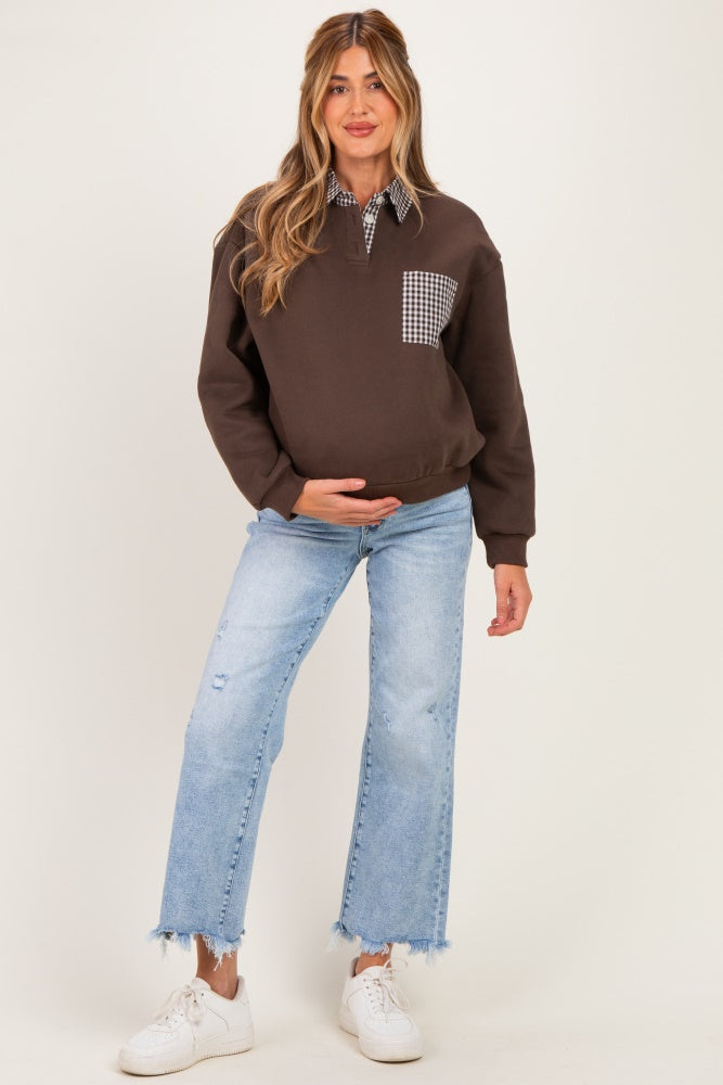 Brown Checker Plaid Collared Maternity Sweatshirt