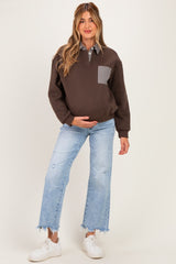 Brown Checker Plaid Collared Maternity Sweatshirt