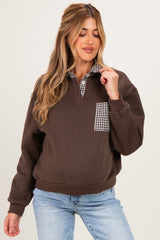 Brown Checker Plaid Collared Maternity Sweatshirt