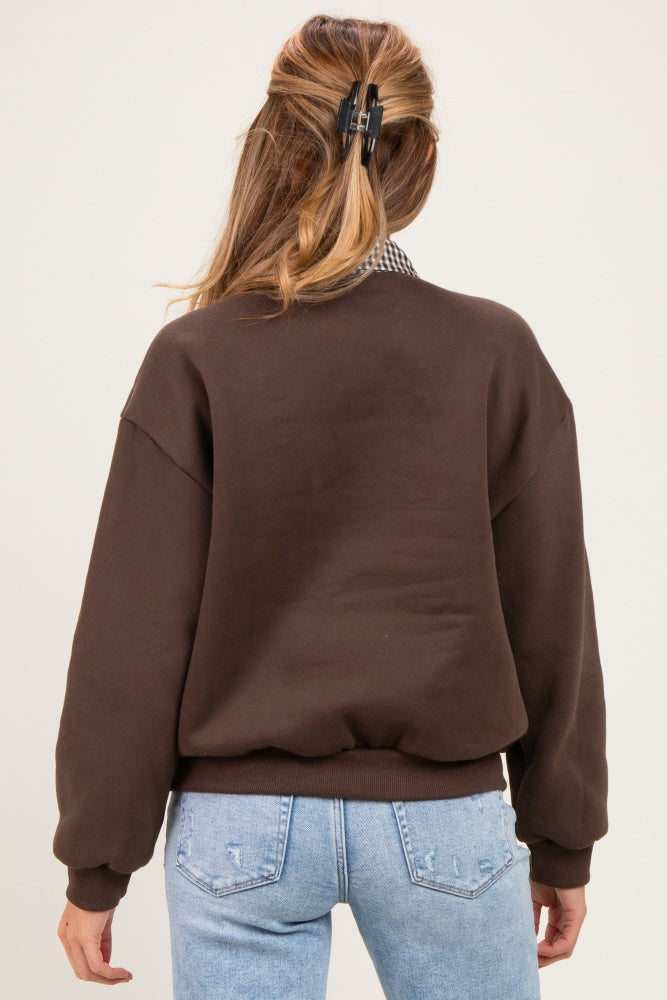 Brown Checker Plaid Collared Maternity Sweatshirt