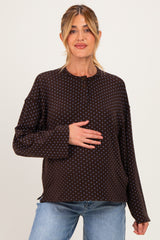 Brown Polka Dot Henley Long Sleeve Maternity Top