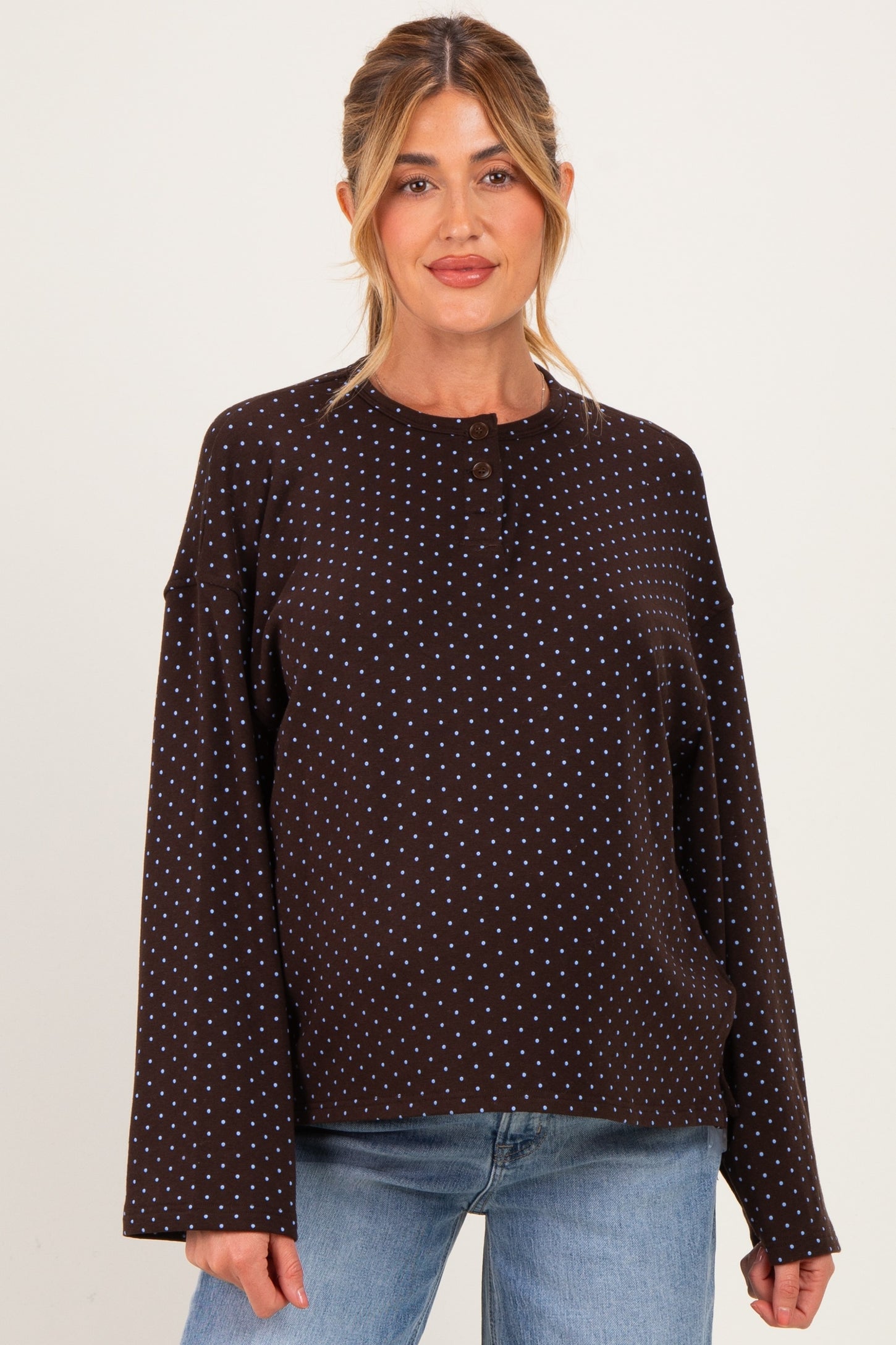 Brown Polka Dot Henley Long Sleeve Maternity Top