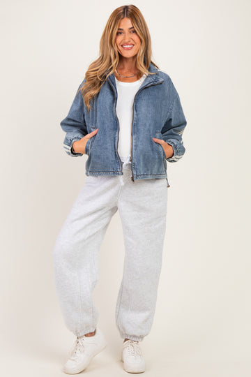 Medium Denim Oversized Zip-Up Maternity Track Jacket