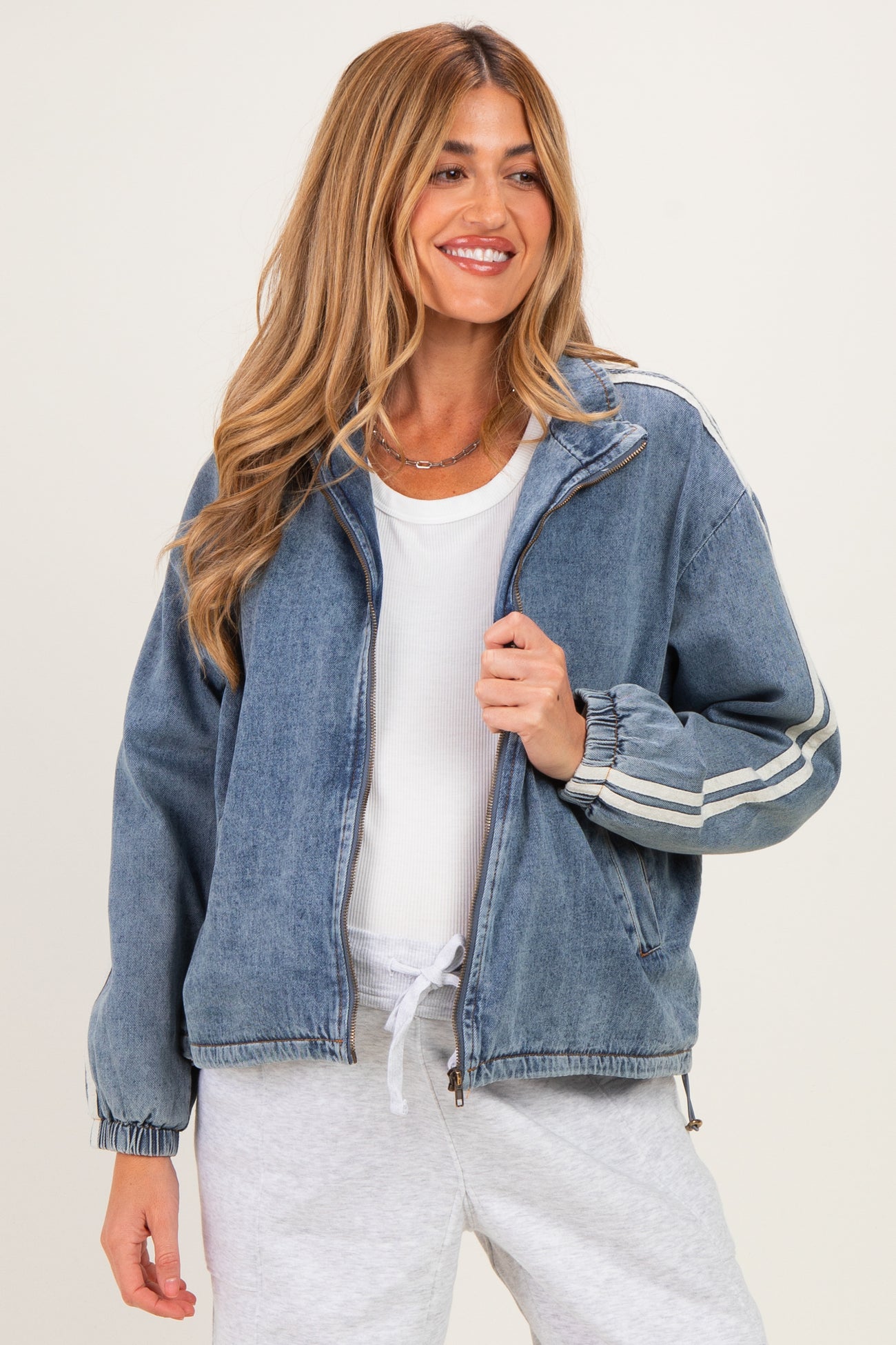 Medium Denim Oversized Zip-Up Maternity Track Jacket