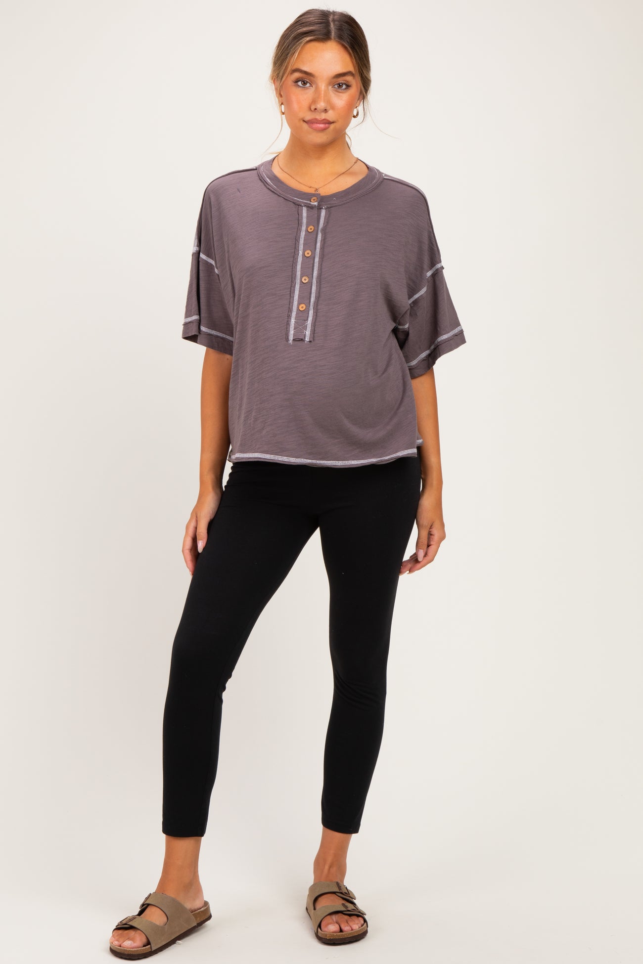 Brown Slub Knit Oversized Button Up Maternity Top