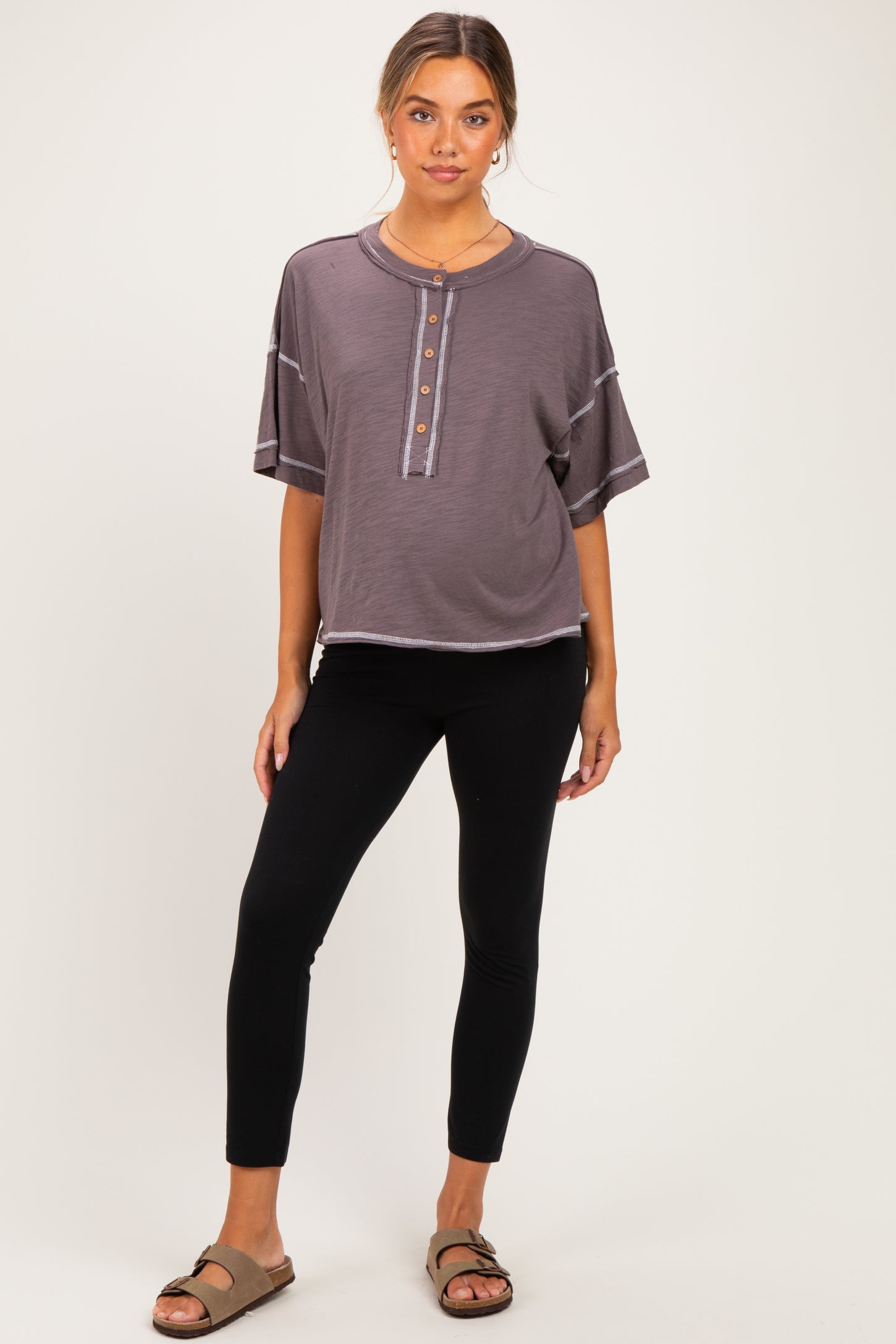 Brown Slub Knit Oversized Button Up Maternity Top