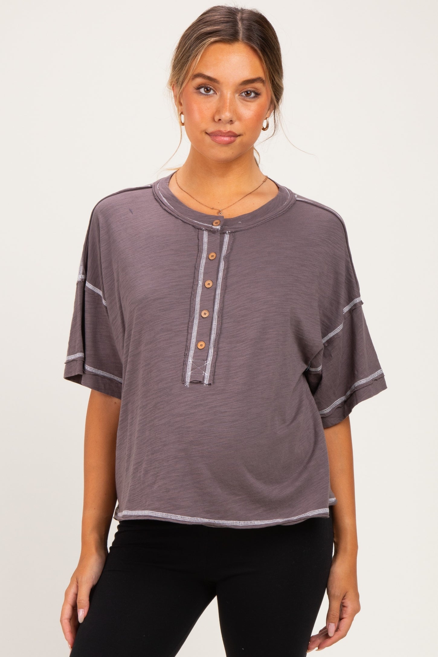 Brown Slub Knit Oversized Button Up Maternity Top