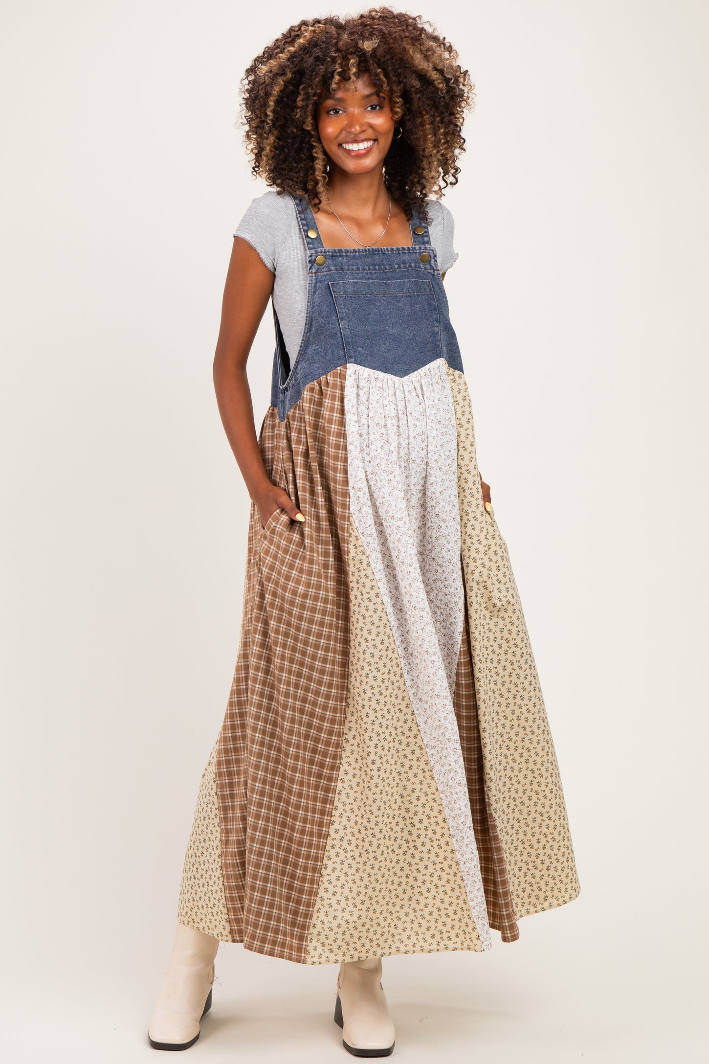 Denim Floral Plaid Maternity Overall Dress