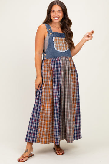 Washed Denim Mixed Plaid Maternity Overall Dress