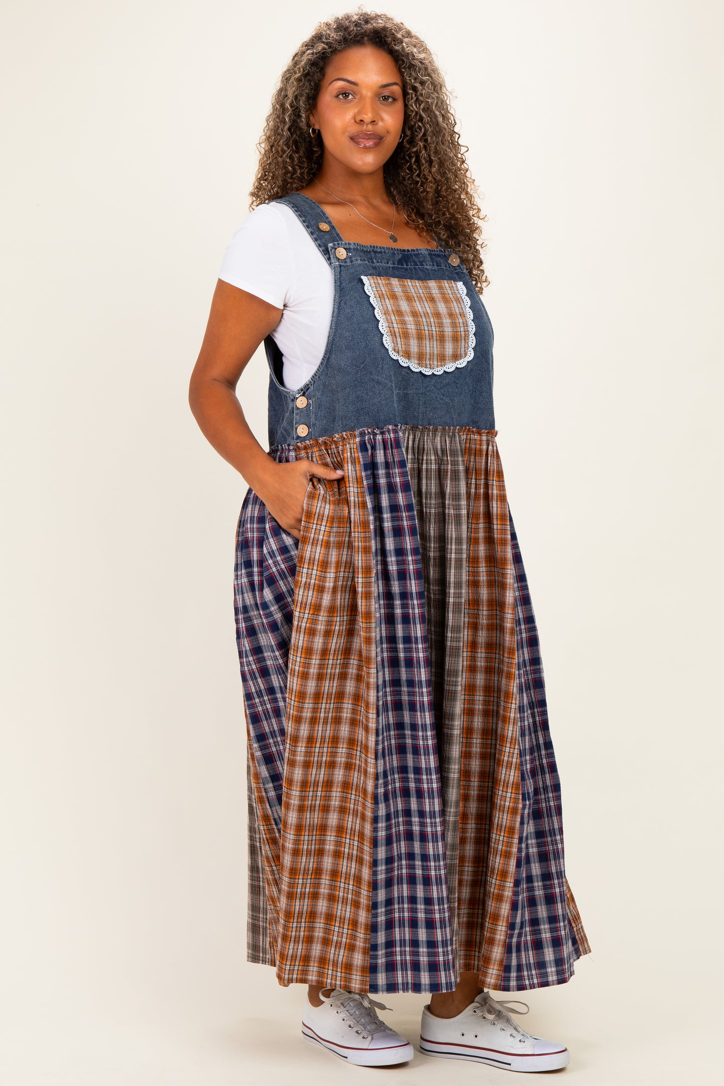 Washed Denim Mixed Plaid Plus Overall Dress