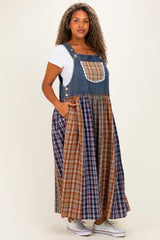 Washed Denim Mixed Plaid Plus Overall Dress