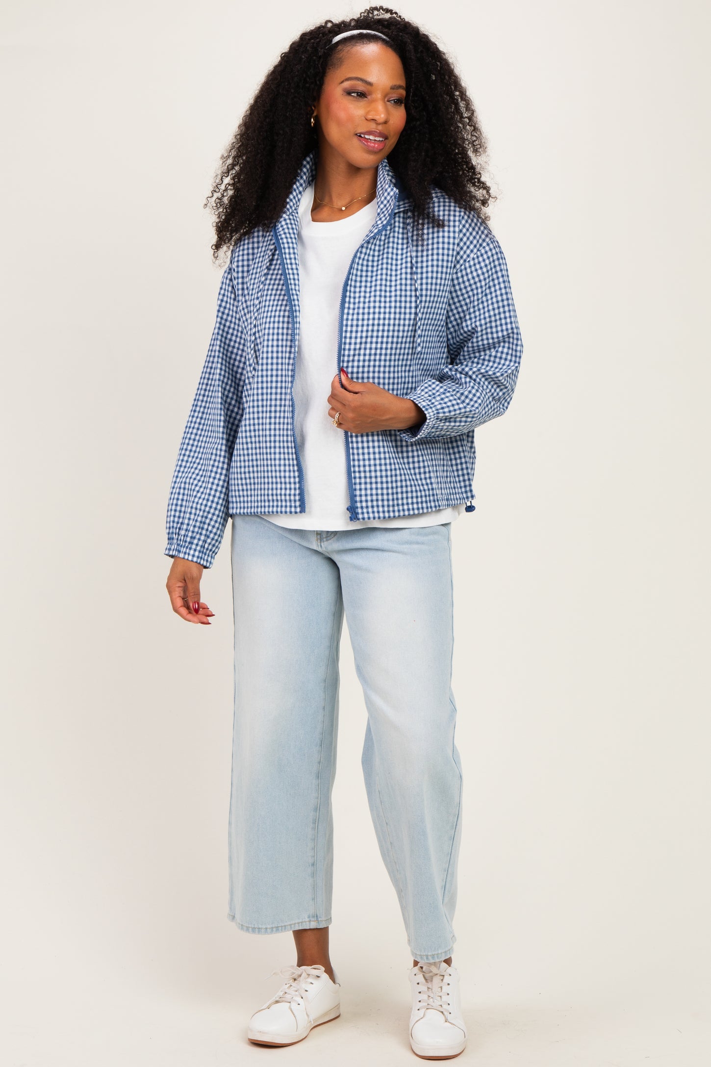 Navy Checkered Plaid Hooded Zip-Up Jacket