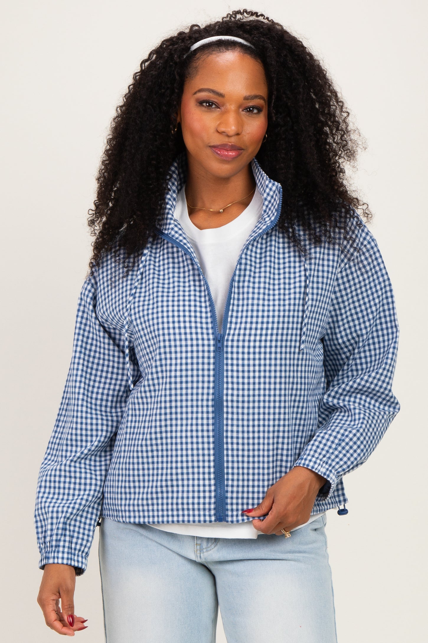 Navy Checkered Plaid Hooded Zip-Up Jacket