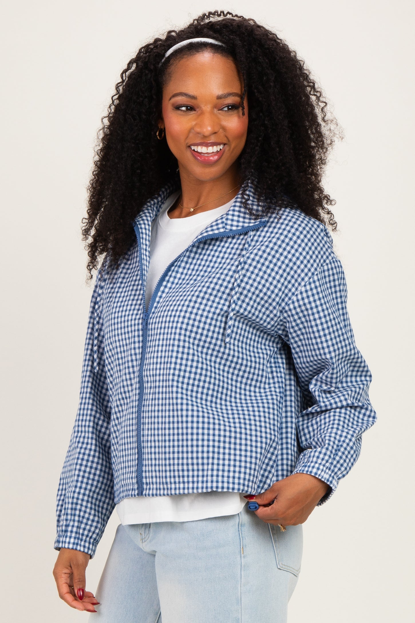 Navy Checkered Plaid Hooded Zip-Up Jacket