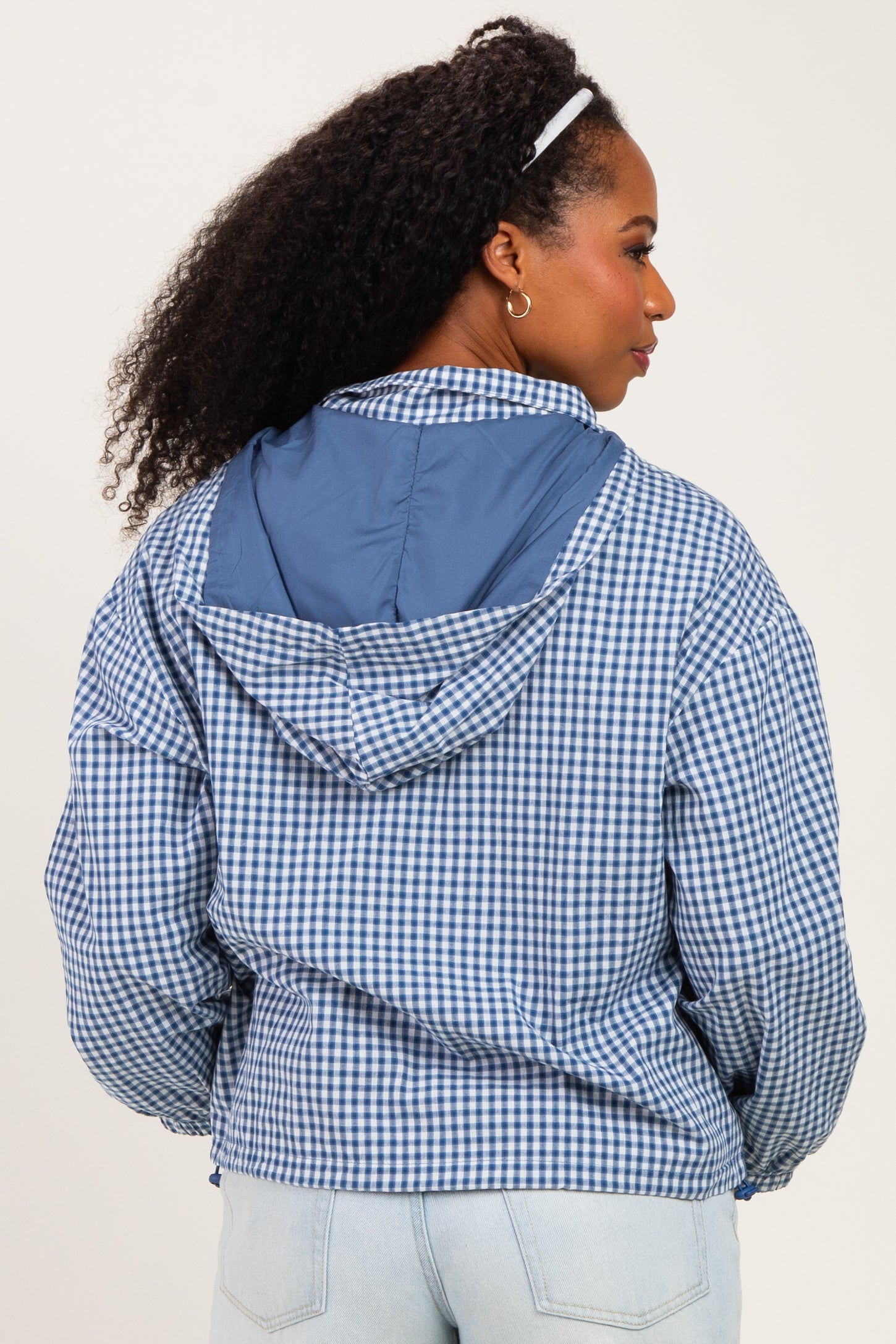 Navy Checkered Plaid Hooded Zip-Up Jacket