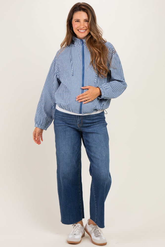 Navy Checkered Plaid Hooded Zip-Up Maternity Jacket